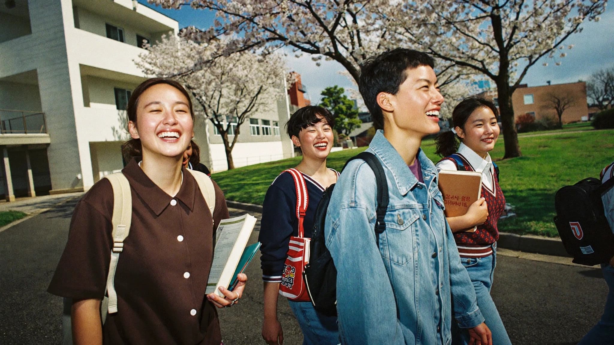 International students walking through a Korean university campus in spring