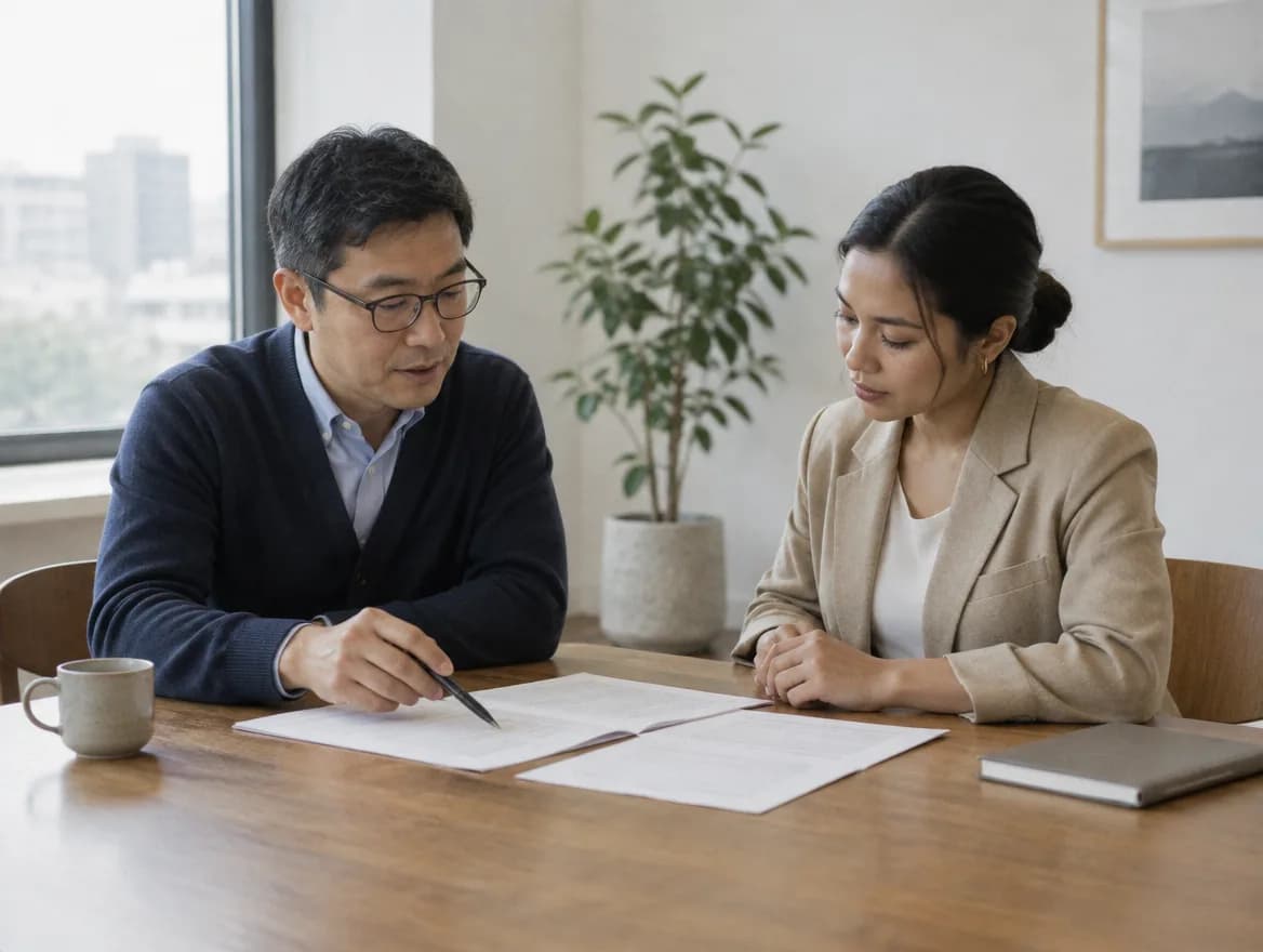 Two people at a table reviewing a printed agreement together